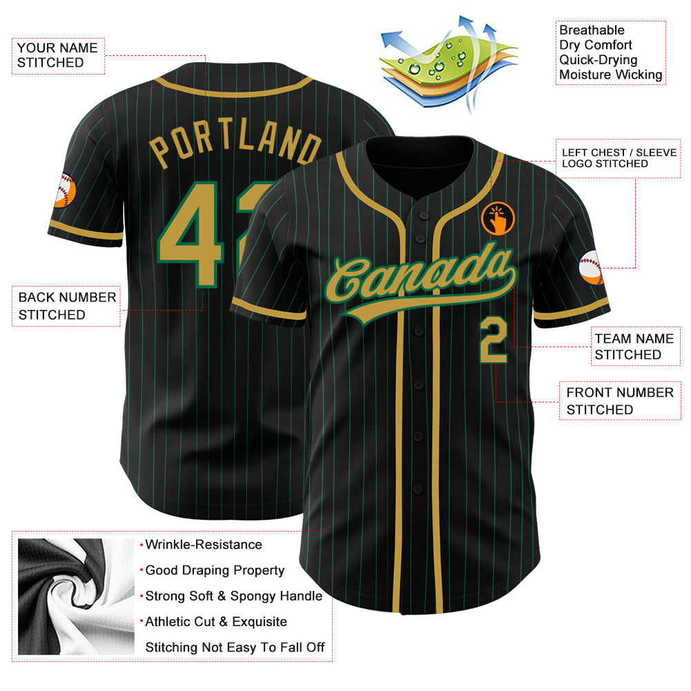 Custom Black Kelly Green Pinstripe Old Gold Authentic Baseball Jersey view 3