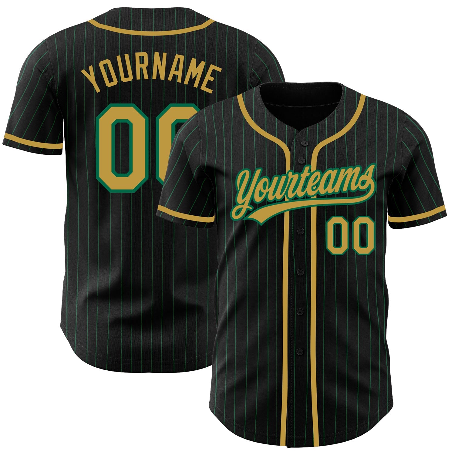 Custom Black Kelly Green Pinstripe Old Gold Authentic Baseball Jersey - Main View