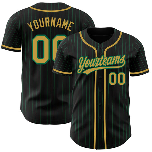 Custom Black Kelly Green Pinstripe Old Gold Authentic Baseball Jersey - Main View