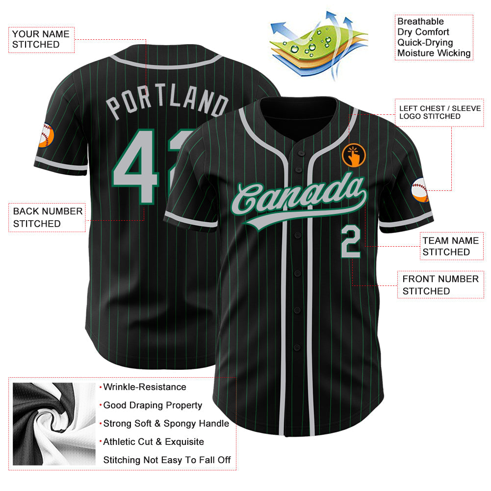 Custom Black Kelly Green Pinstripe Gray Authentic Baseball Jersey view 3