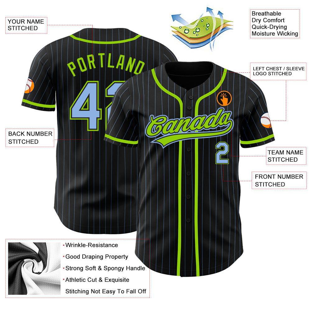 Custom Black Light Blue Pinstripe Light Blue-Neon Green Authentic Baseball Jersey view 3