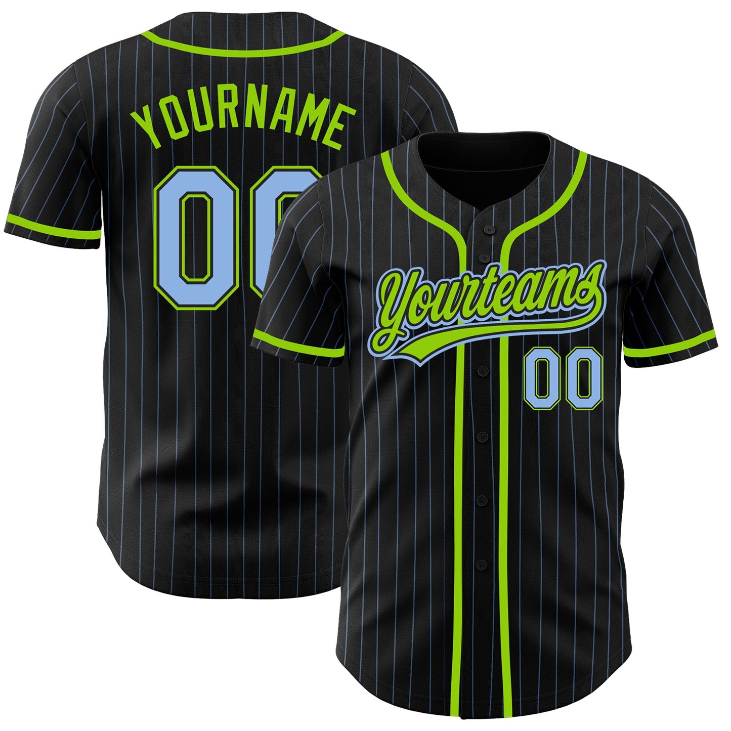 Custom Black Light Blue Pinstripe Light Blue-Neon Green Authentic Baseball Jersey - Main View