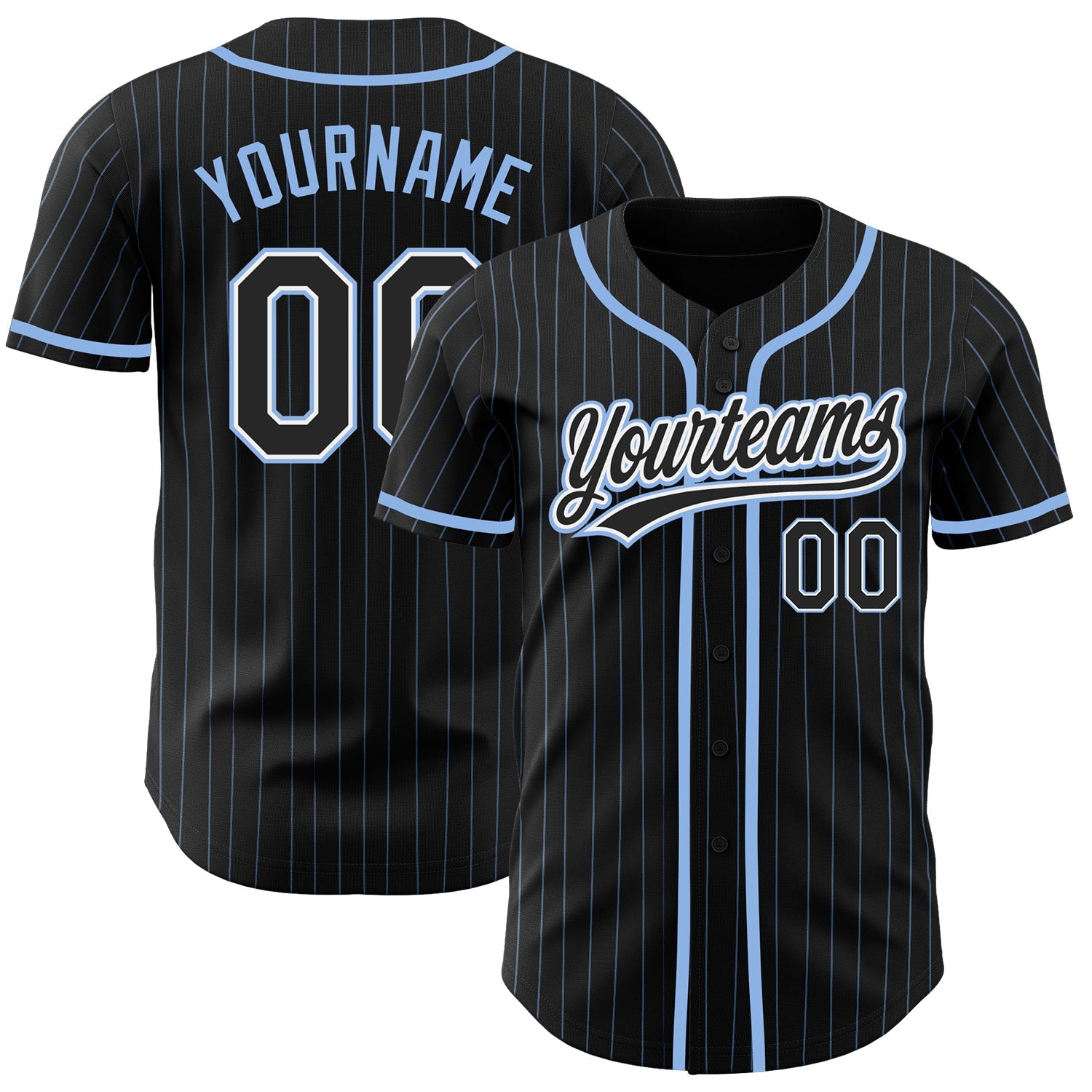 Custom Black Light Blue Pinstripe Black-White Authentic Baseball Jersey - Main View