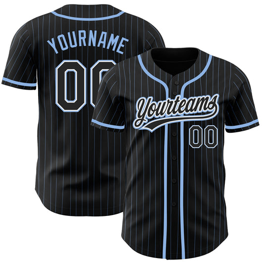 Custom Black Light Blue Pinstripe Black-White Authentic Baseball Jersey - Main View