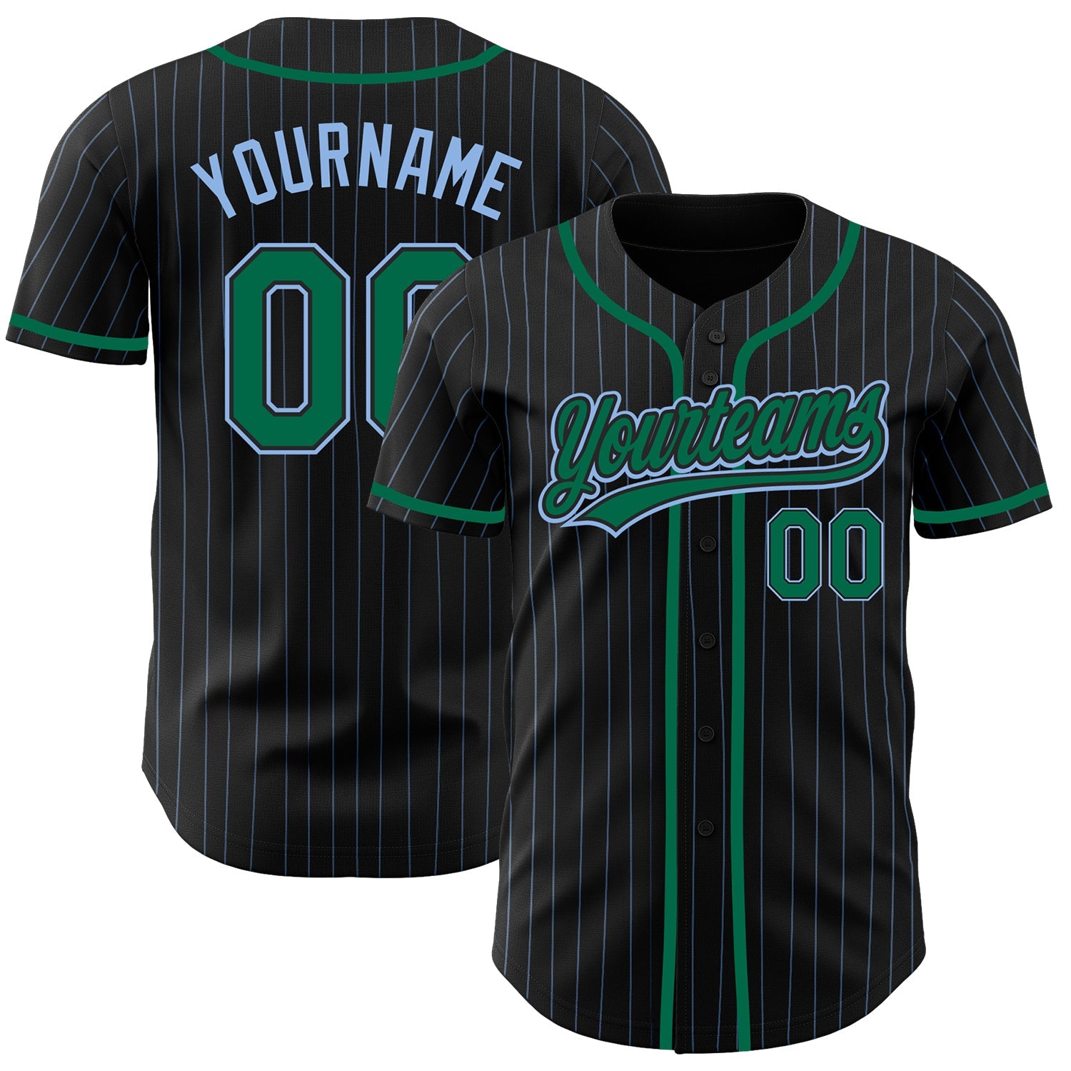 Custom Black Light Blue Pinstripe Kelly Green Authentic Baseball Jersey - Main View