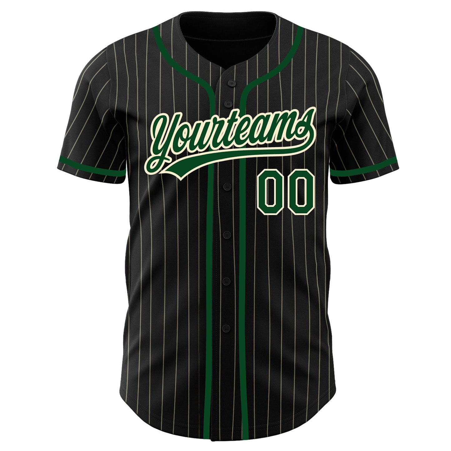 Custom Black Cream Pinstripe Green Authentic Baseball Jersey view 3