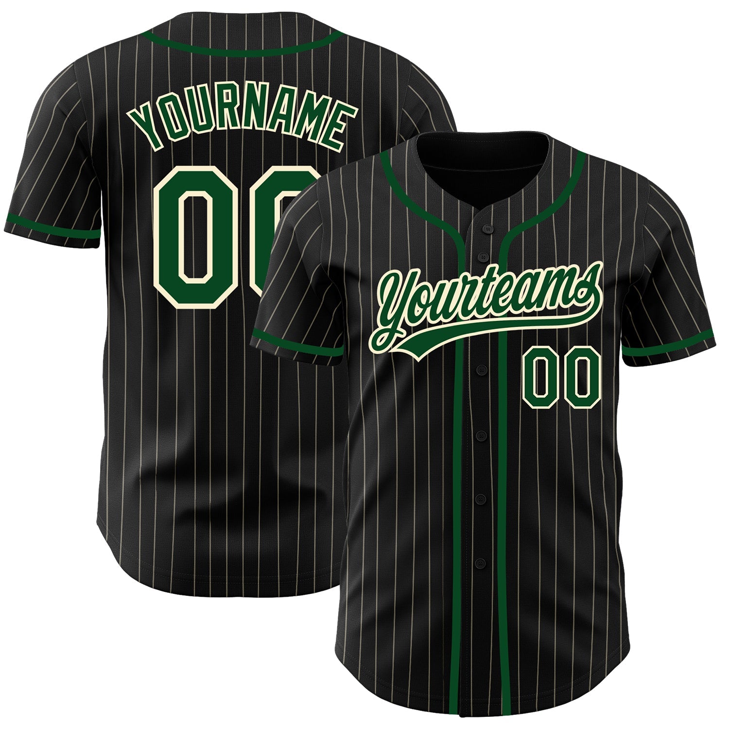 Custom Black Cream Pinstripe Green Authentic Baseball Jersey - Main View