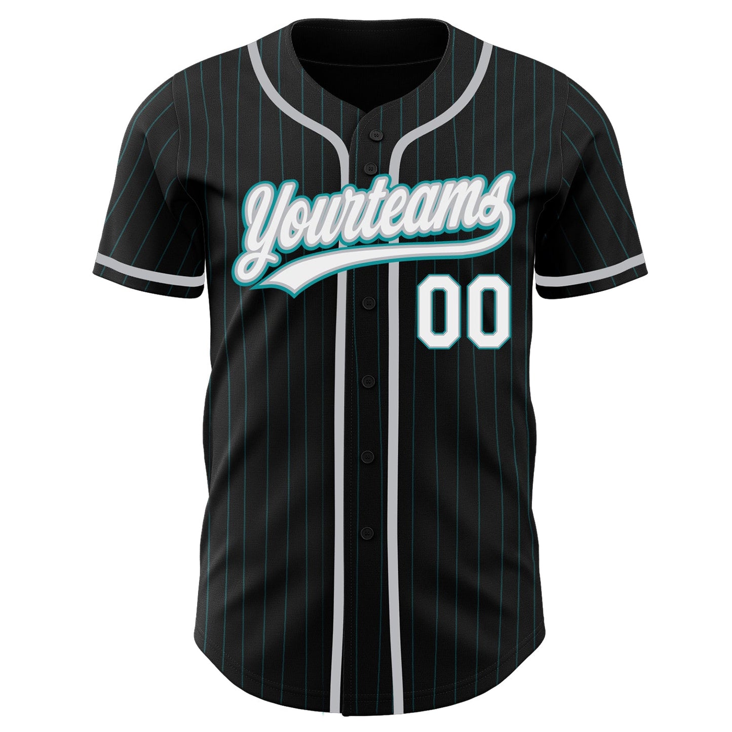 Custom Black Teal Pinstripe White-Gray Authentic Baseball Jersey view 2