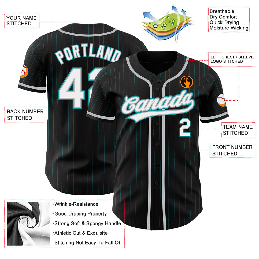Custom Black Teal Pinstripe White-Gray Authentic Baseball Jersey view 3
