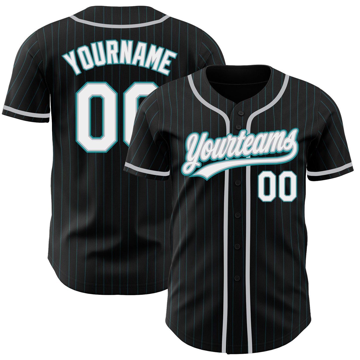 Custom Black Teal Pinstripe White-Gray Authentic Baseball Jersey - Main View