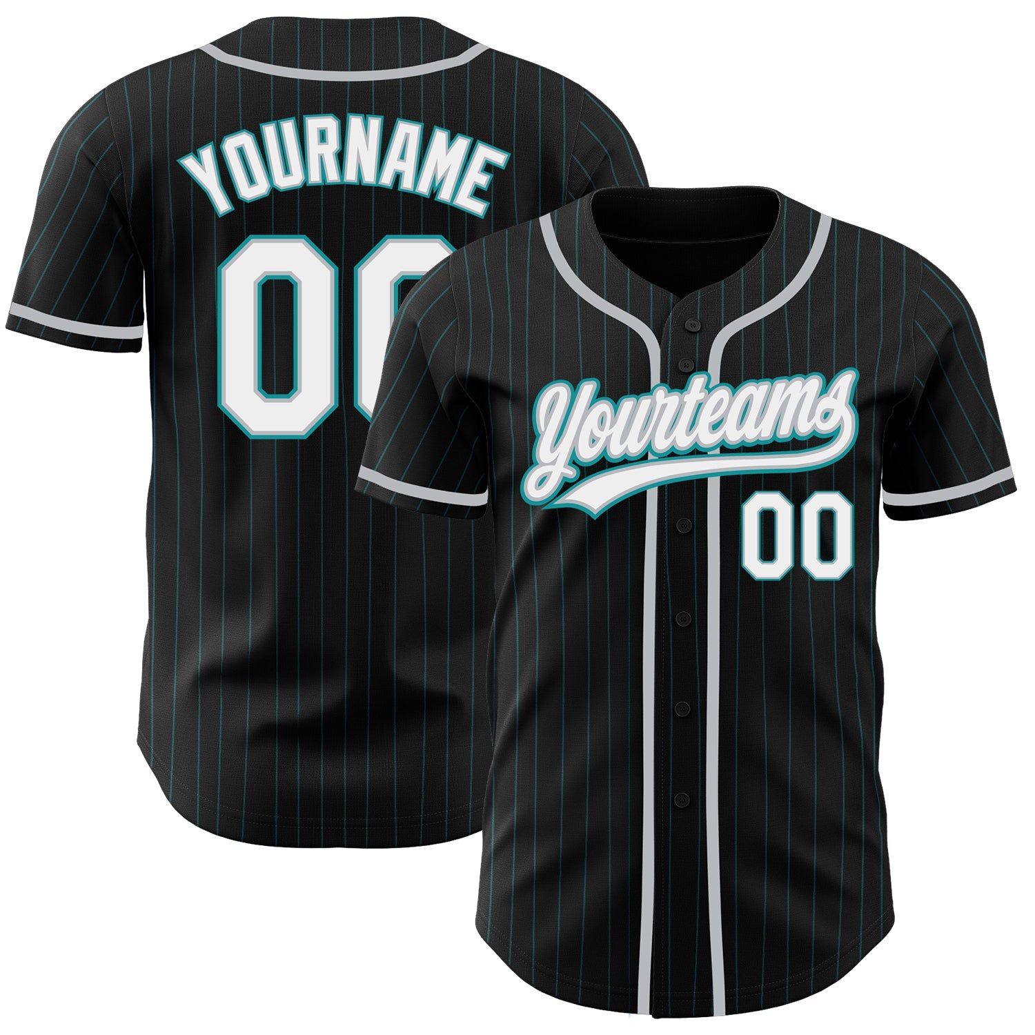 Custom Black Teal Pinstripe White-Gray Authentic Baseball Jersey - Main View
