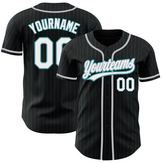 Custom Black Teal Pinstripe White-Gray Authentic Baseball Jersey - Main View