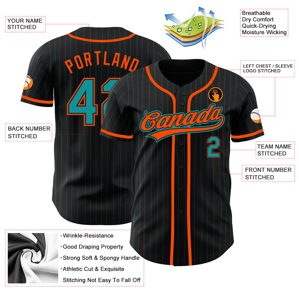 Custom Black Teal Pinstripe Teal-Orange Authentic Baseball Jersey view 3