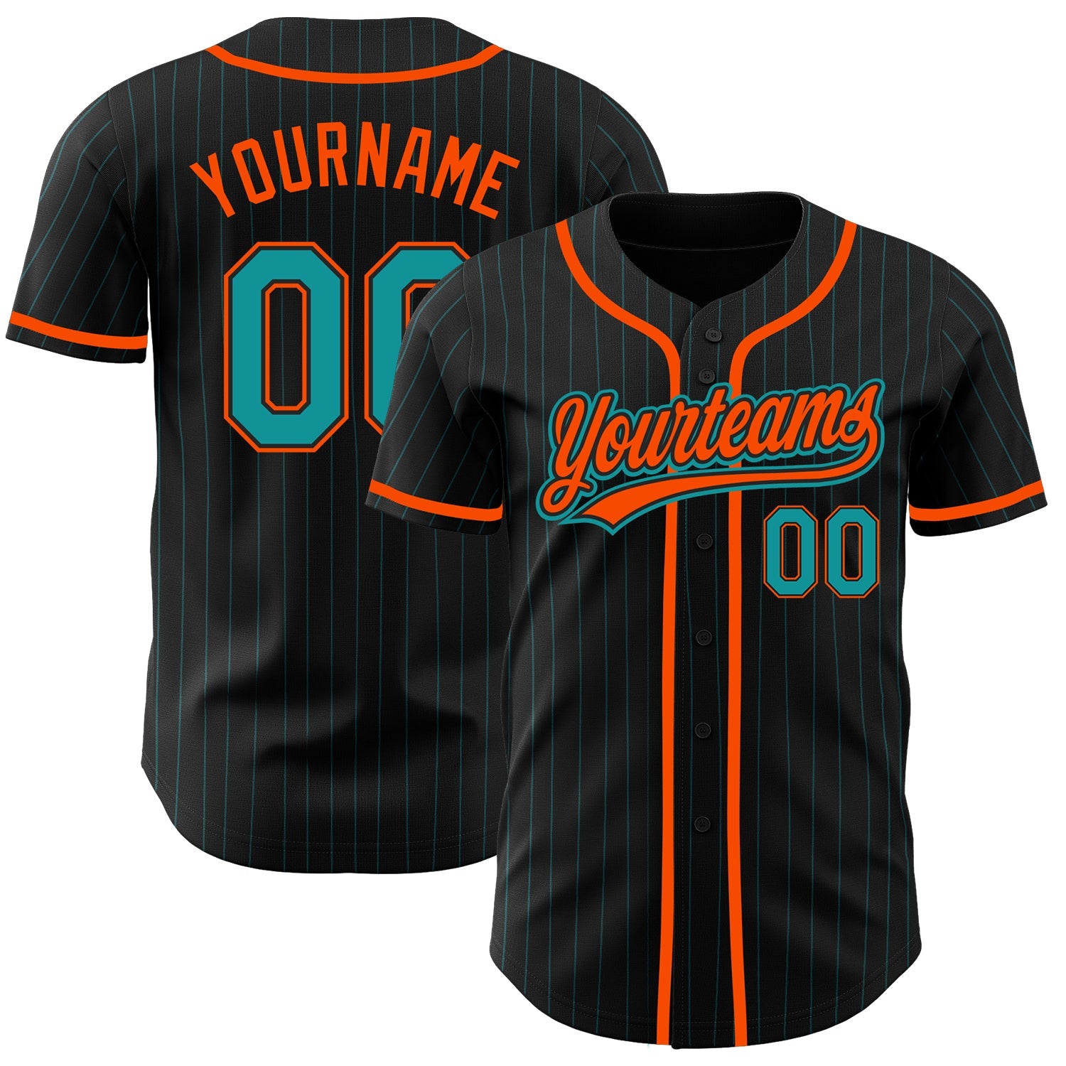 Custom Black Teal Pinstripe Teal-Orange Authentic Baseball Jersey - Main View
