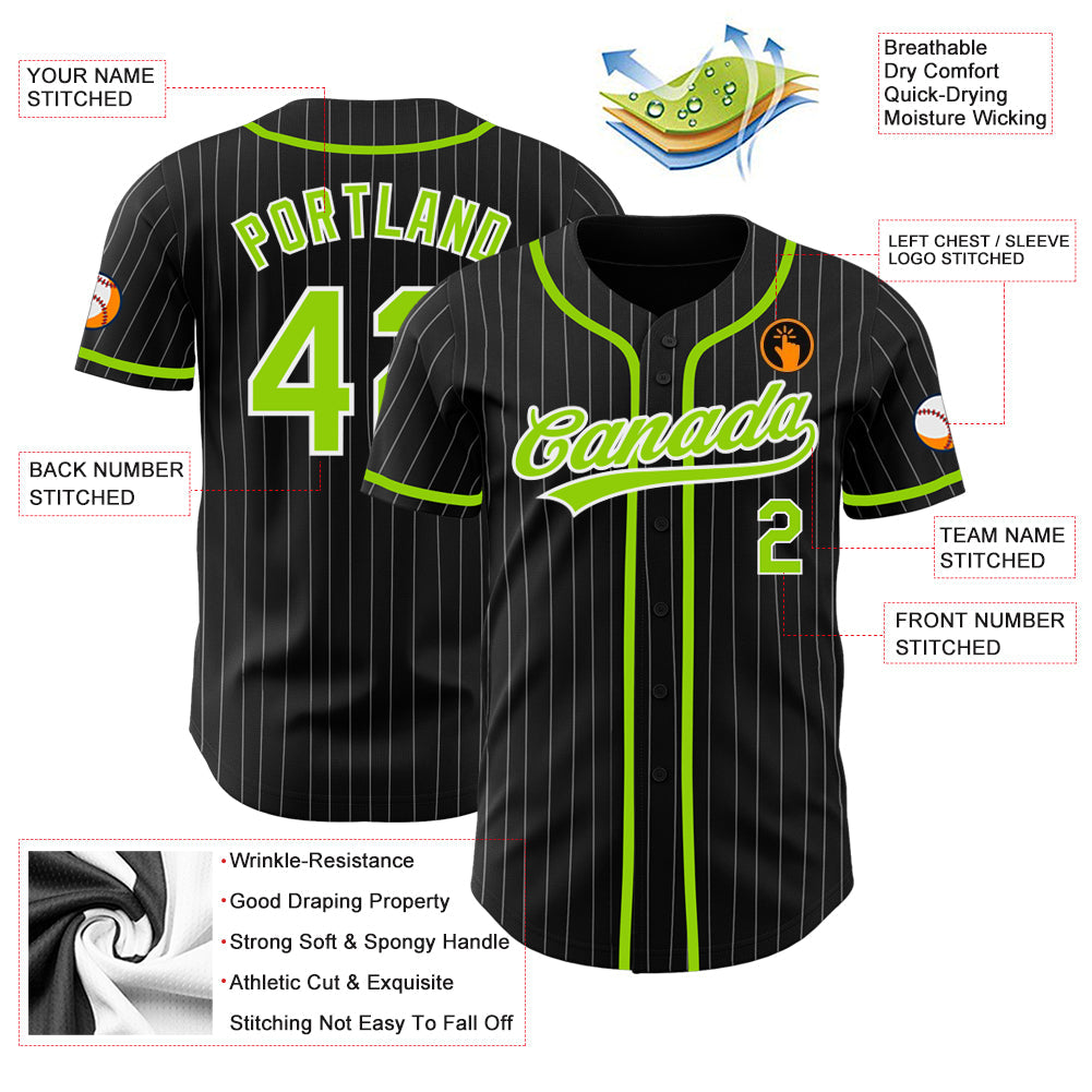 Custom Black White Pinstripe Neon Green Authentic Baseball Jersey view 3