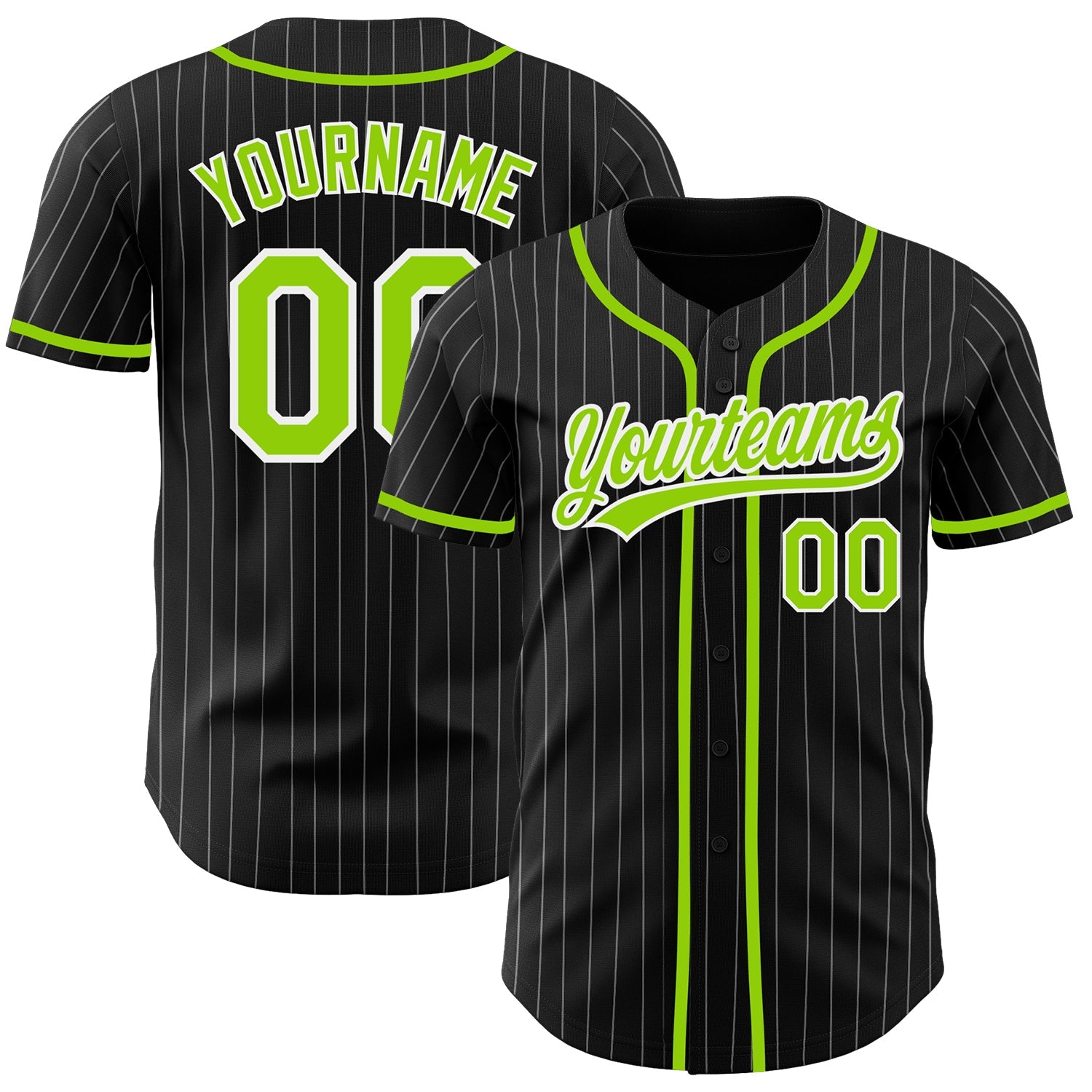 Custom Black White Pinstripe Neon Green Authentic Baseball Jersey - Main View