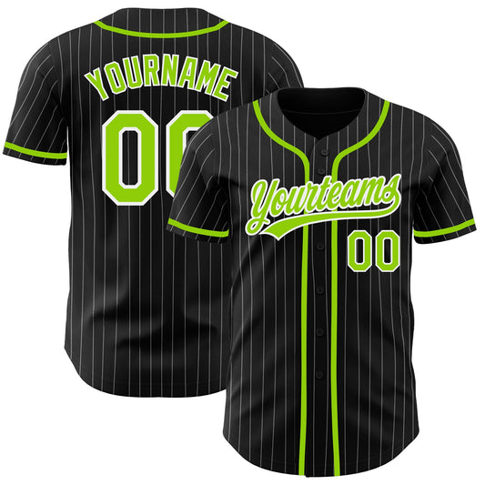 Custom Black White Pinstripe Neon Green Authentic Baseball Jersey - Main View