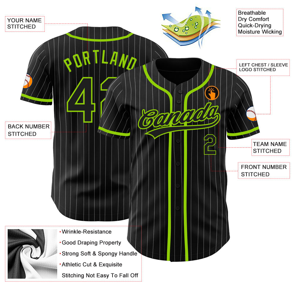 Custom Black White Pinstripe Black-Neon Green Authentic Baseball Jersey view 4