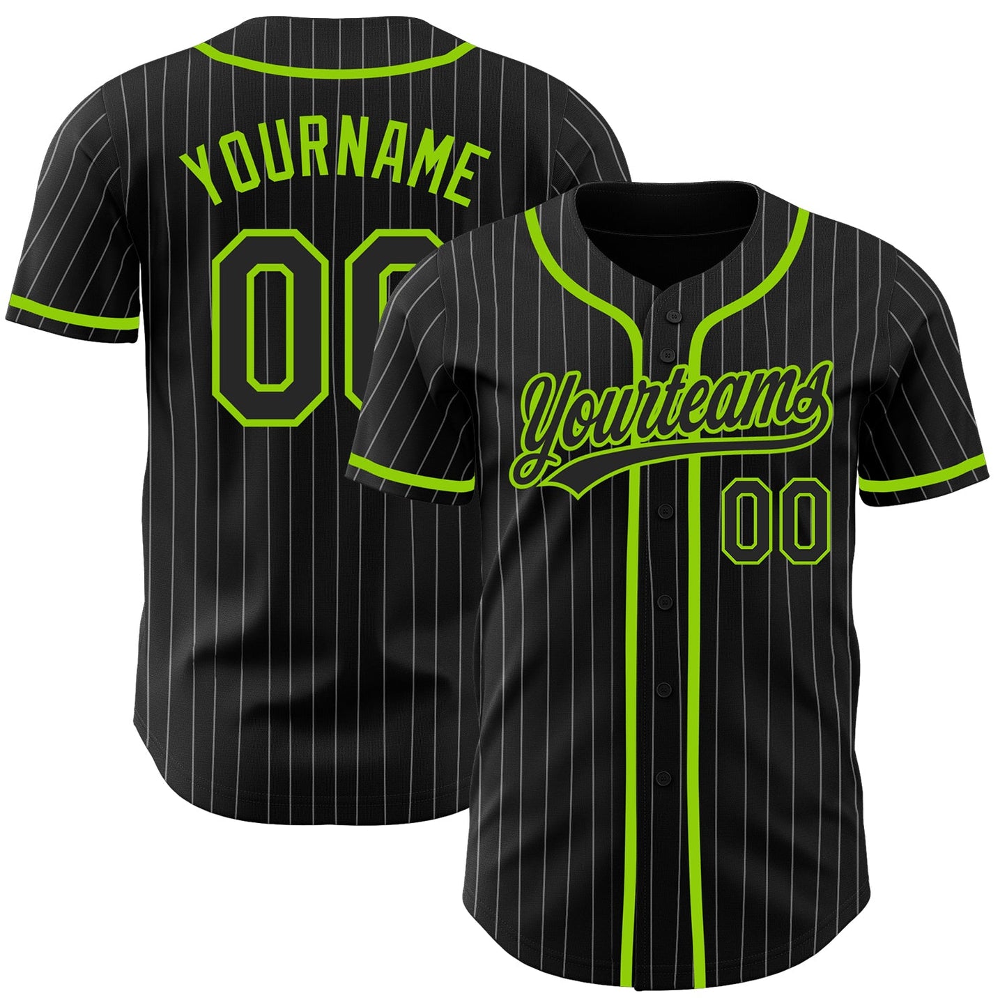 Custom Black White Pinstripe Black-Neon Green Authentic Baseball Jersey - Main View