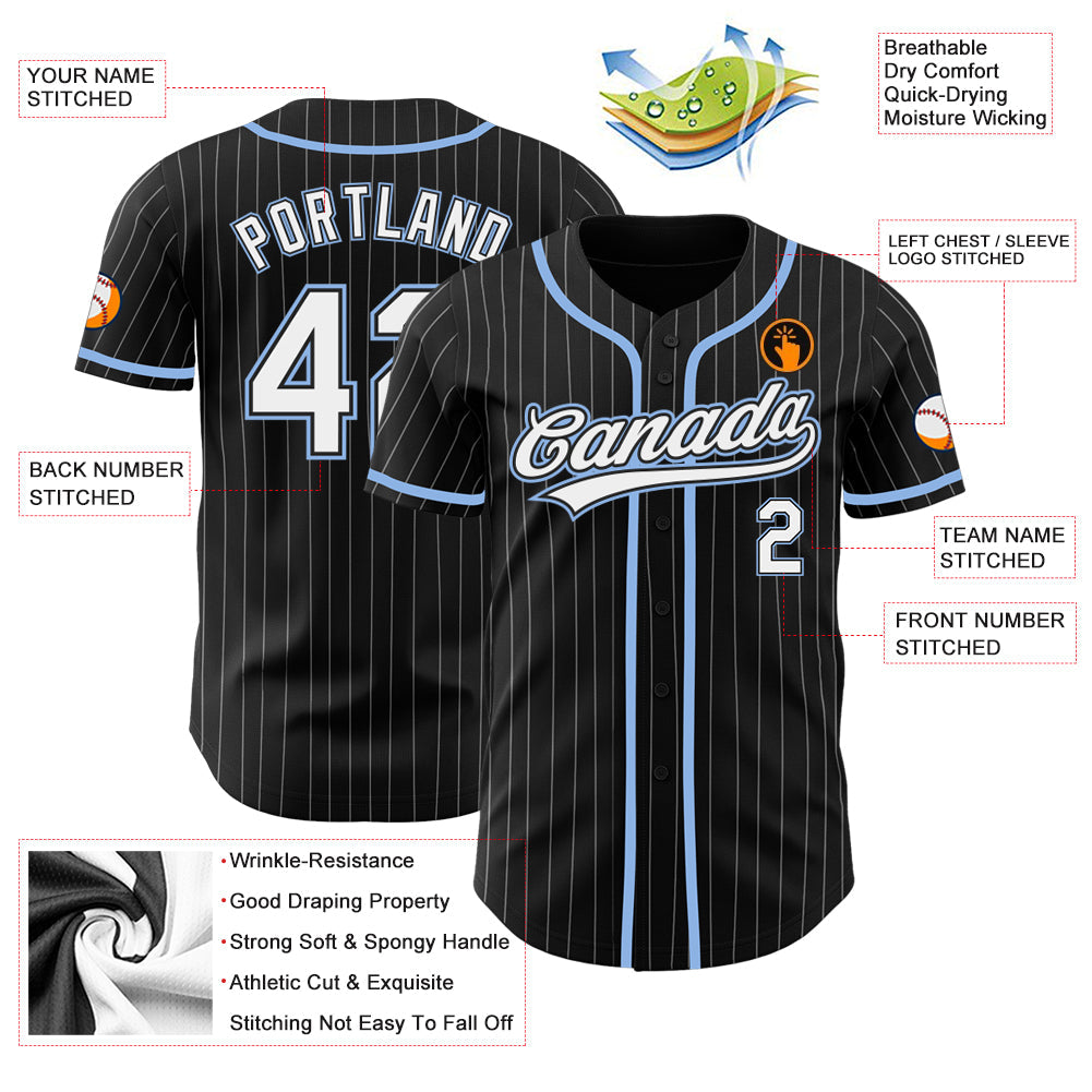 Custom Black White Pinstripe White-Light Blue Authentic Baseball Jersey view 3