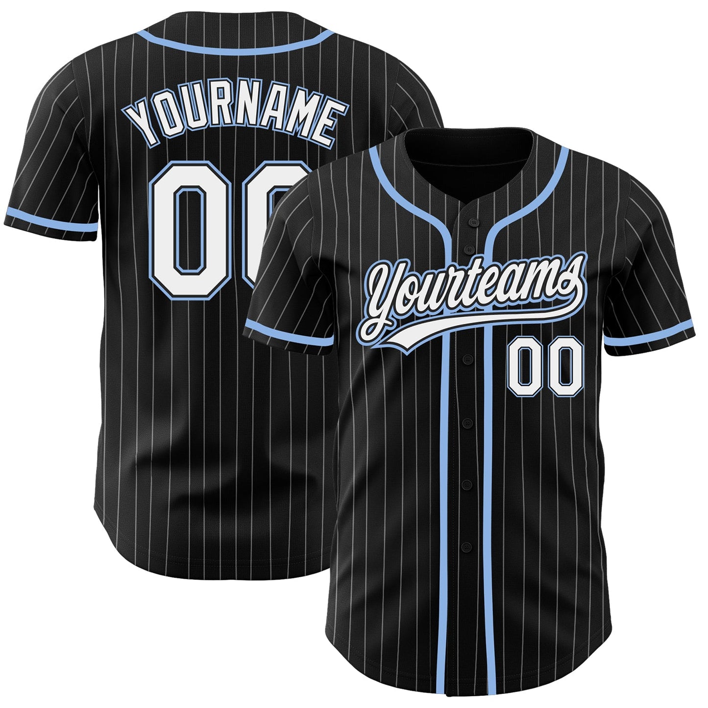 Custom Black White Pinstripe White-Light Blue Authentic Baseball Jersey - Main View