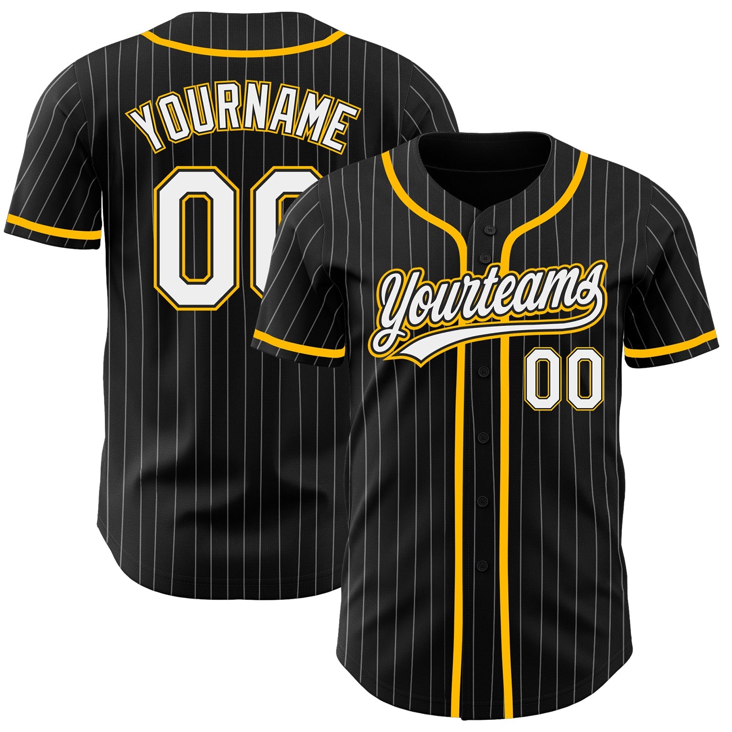Custom Black White Pinstripe White-Gold Authentic Baseball Jersey - Main View