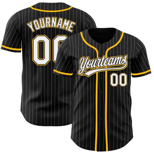 Custom Black White Pinstripe White-Gold Authentic Baseball Jersey - Main View