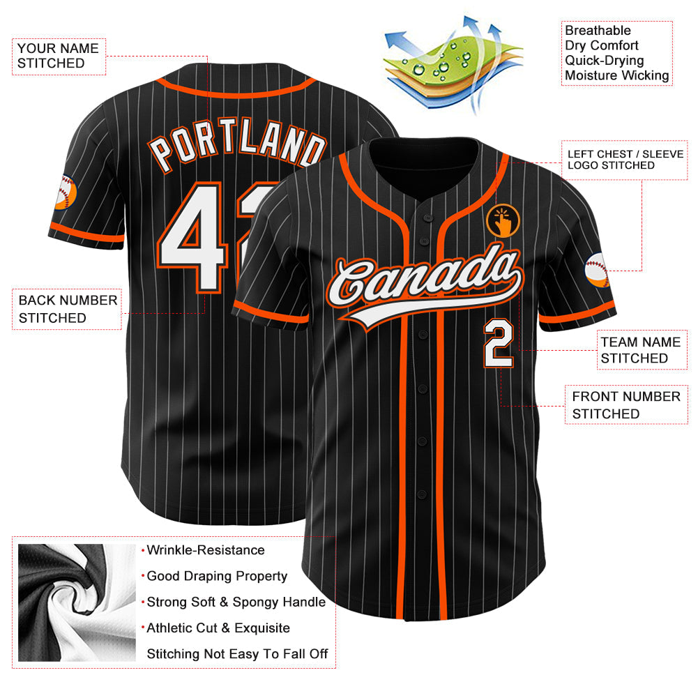 Custom Black White Pinstripe White-Orange Authentic Baseball Jersey view 3