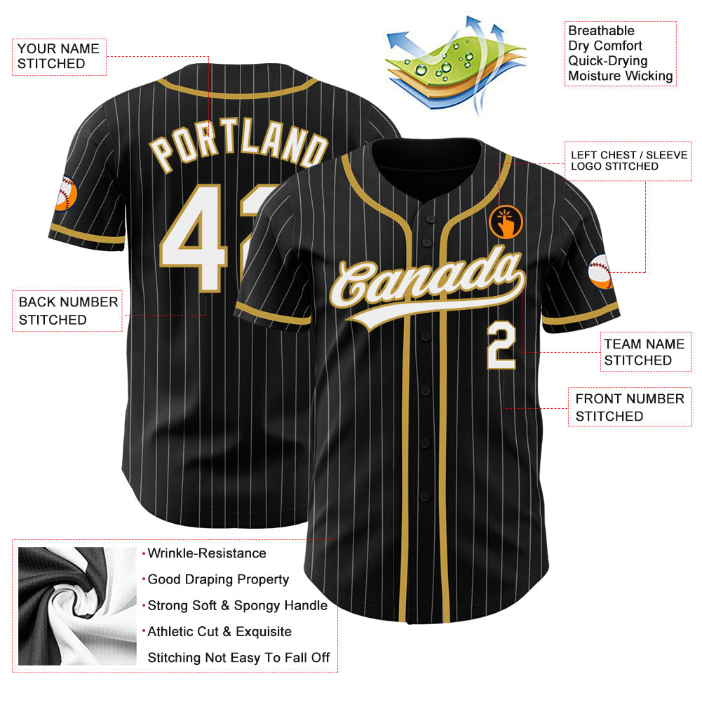 Custom Black White Pinstripe White-Old Gold Authentic Baseball Jersey view 3