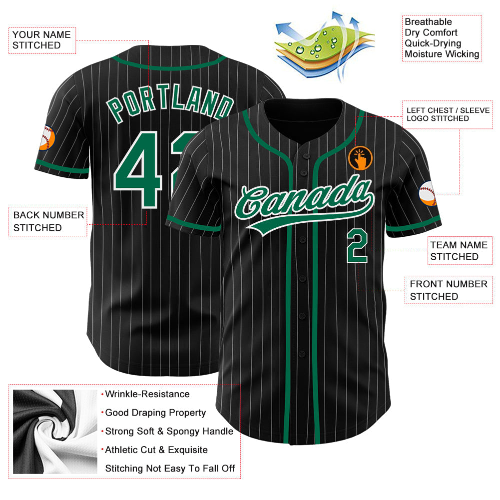 Custom Black White Pinstripe Kelly Green Authentic Baseball Jersey view 4
