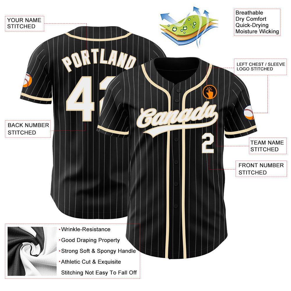 Custom Black White Pinstripe White-City Cream Authentic Baseball Jersey view 3