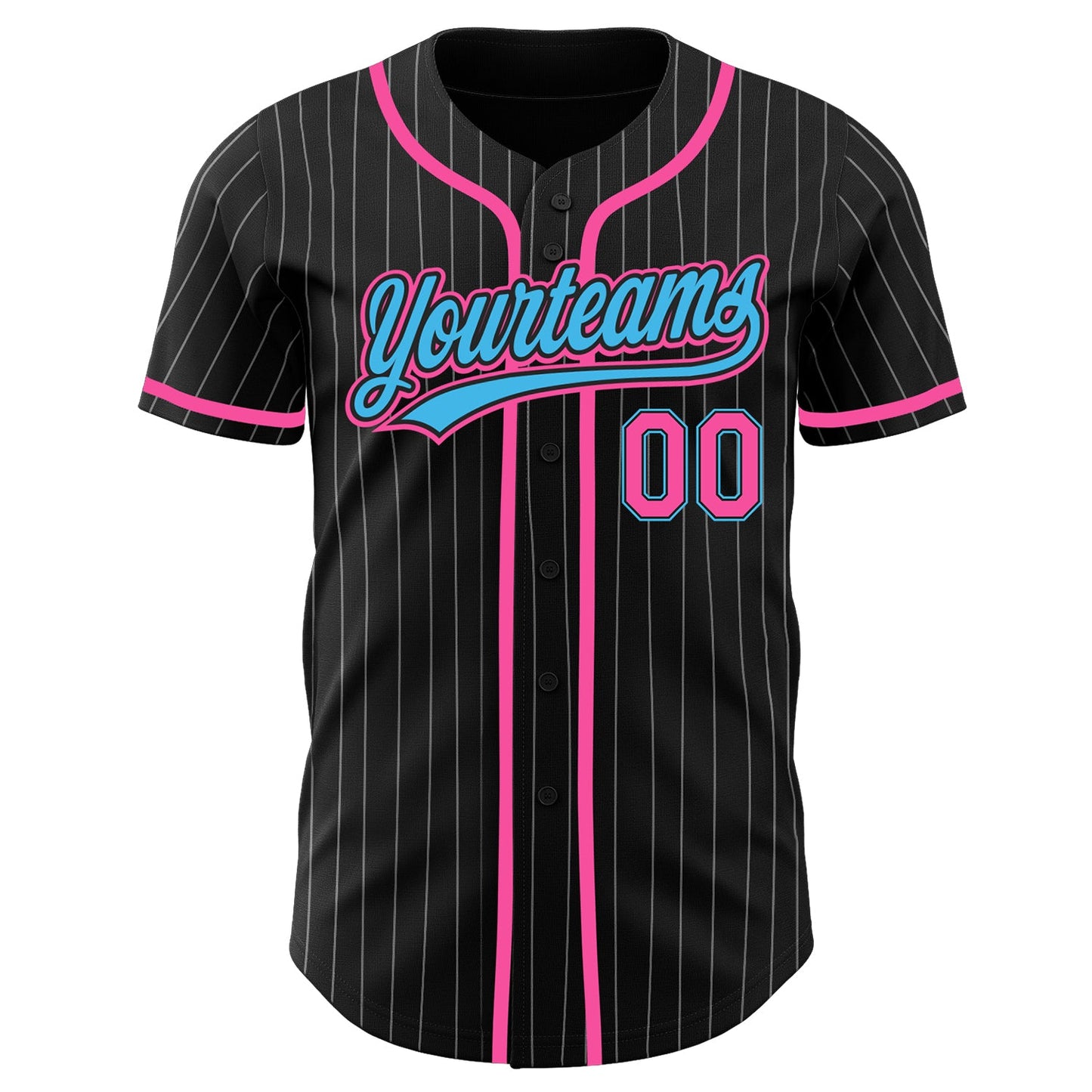 Custom Black White Pinstripe Sky Blue-Pink Authentic Baseball Jersey view 2