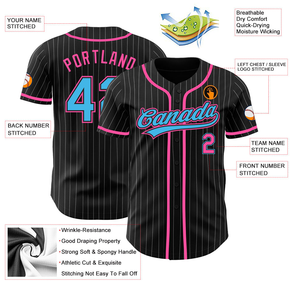 Custom Black White Pinstripe Sky Blue-Pink Authentic Baseball Jersey view 3