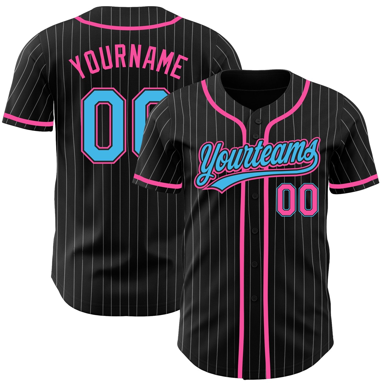 Custom Black White Pinstripe Sky Blue-Pink Authentic Baseball Jersey - Main View