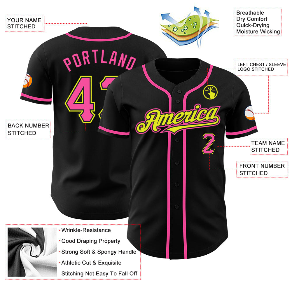 Custom Black Pink-Neon Yellow Authentic Baseball Jersey view 3