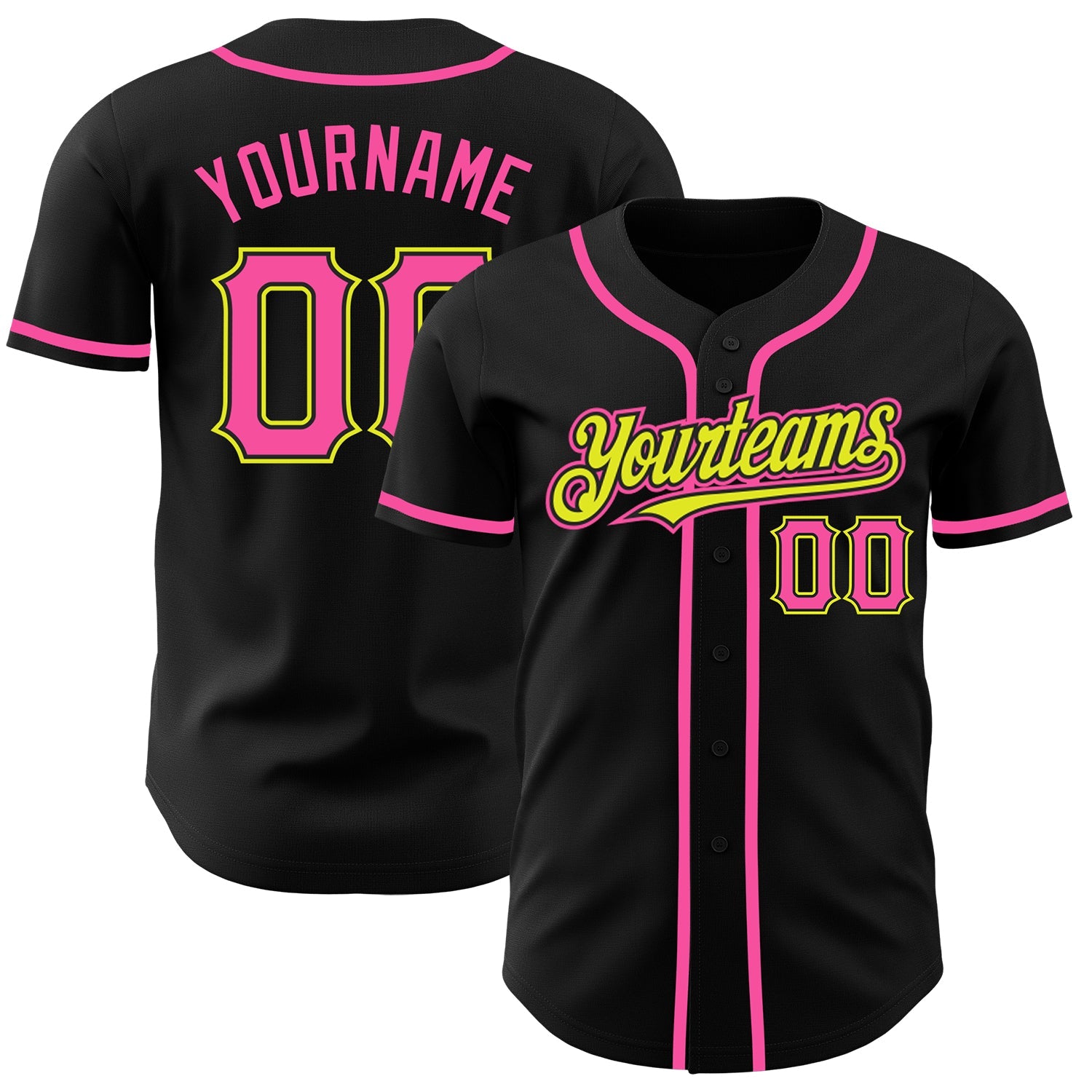 Custom Black Pink-Neon Yellow Authentic Baseball Jersey - Main View