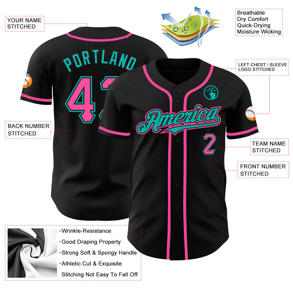 Custom Black Pink-Aqua Authentic Baseball Jersey view 3