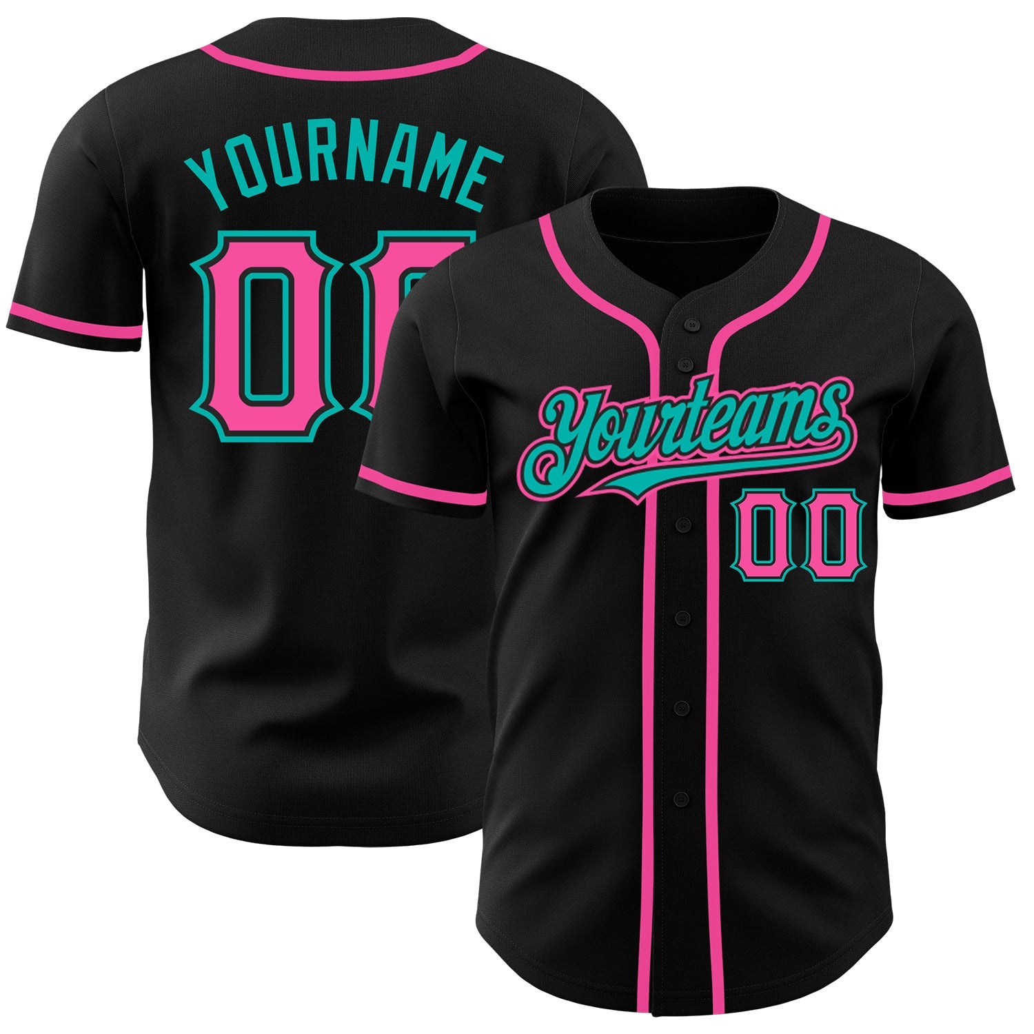 Custom Black Pink-Aqua Authentic Baseball Jersey - Main View