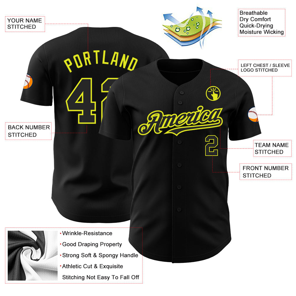 Custom Black Neon Yellow Authentic Baseball Jersey view 3