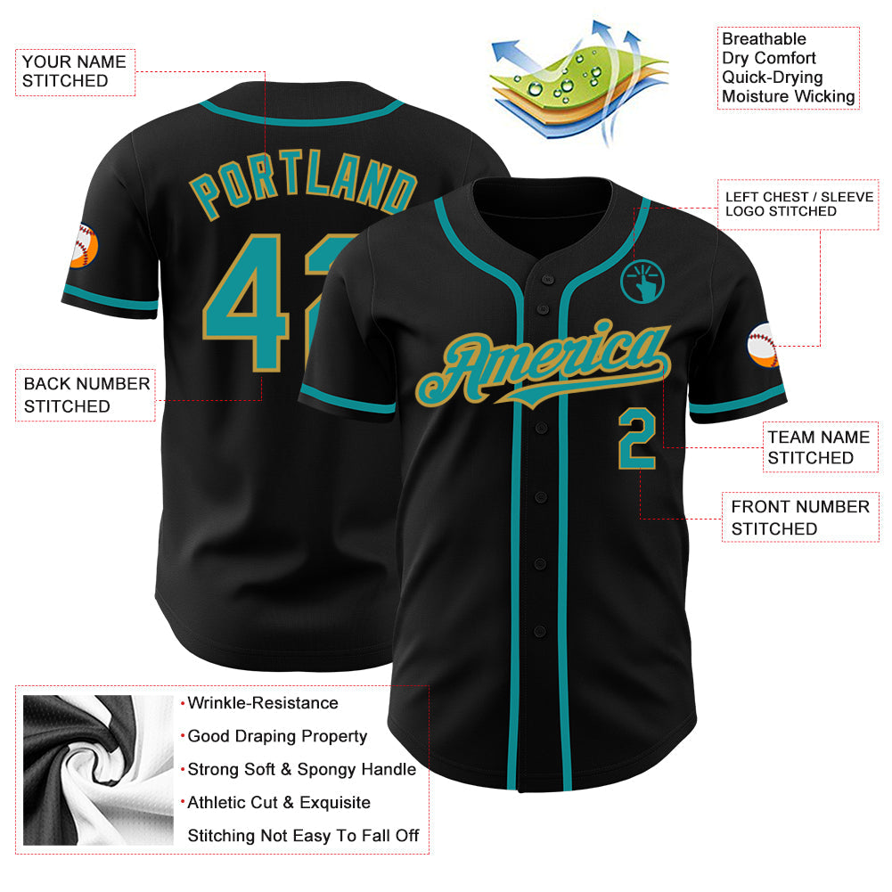 Custom Black Teal-Old Gold Authentic Baseball Jersey view 3