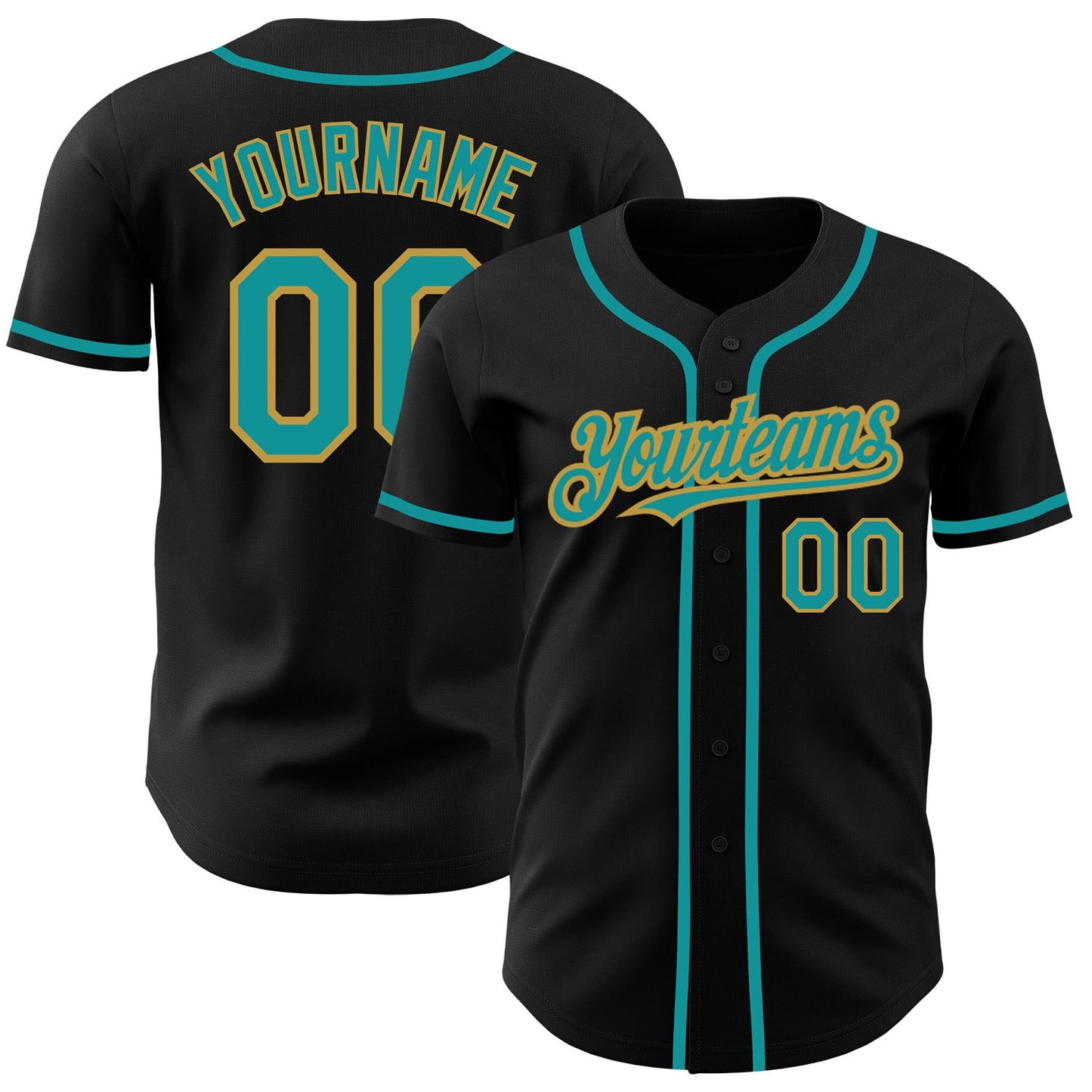 Custom Black Teal-Old Gold Authentic Baseball Jersey - Main View