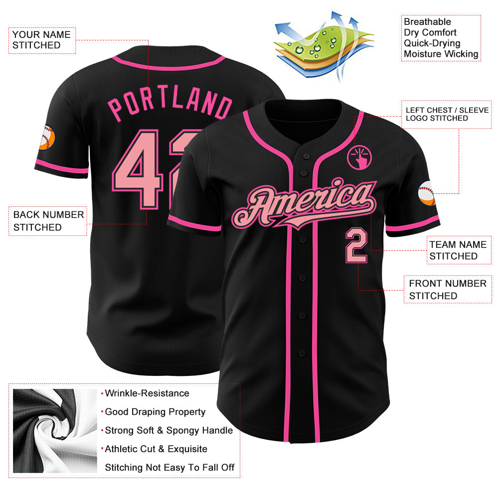 Custom Black Medium Pink-Pink Authentic Baseball Jersey view 3