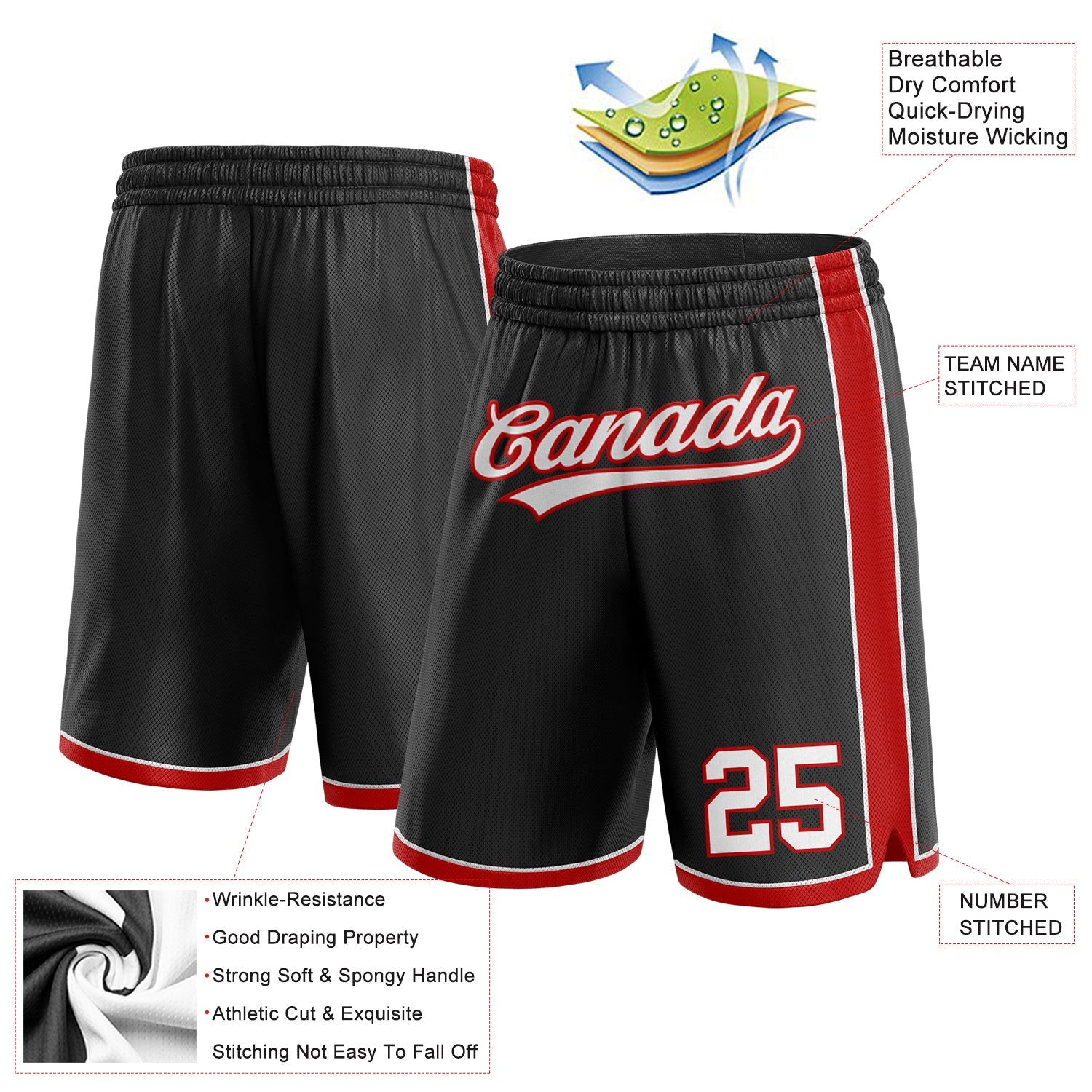 Custom Black White-Red Authentic Basketball Shorts view 2