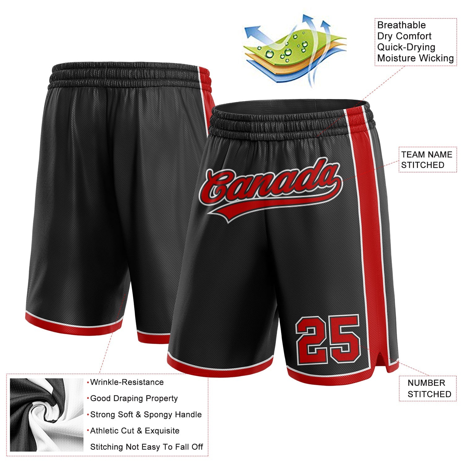 Custom Black Red-White Authentic Basketball Shorts view 2