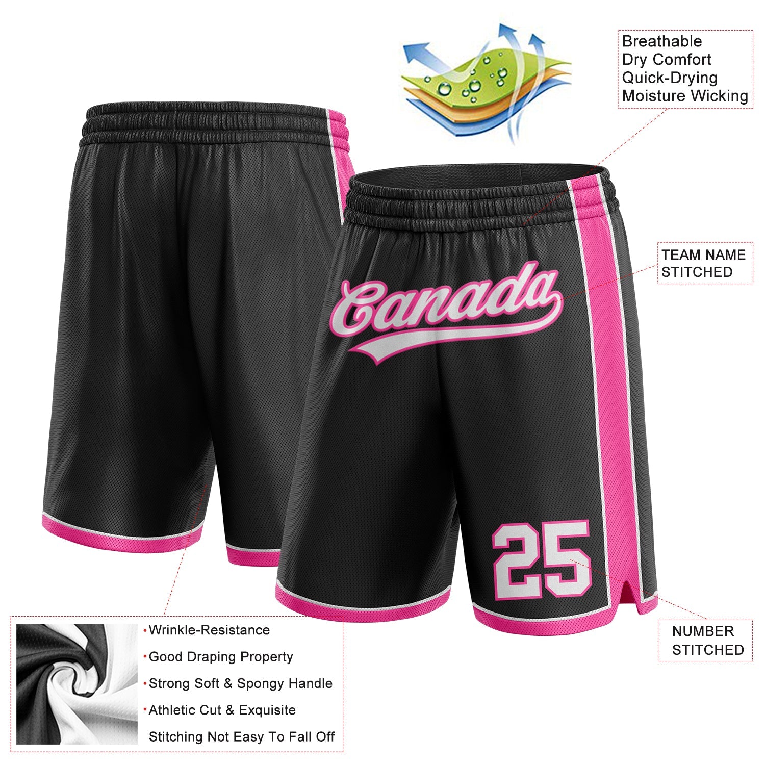 Custom Black White-Pink Authentic Basketball Shorts view 2