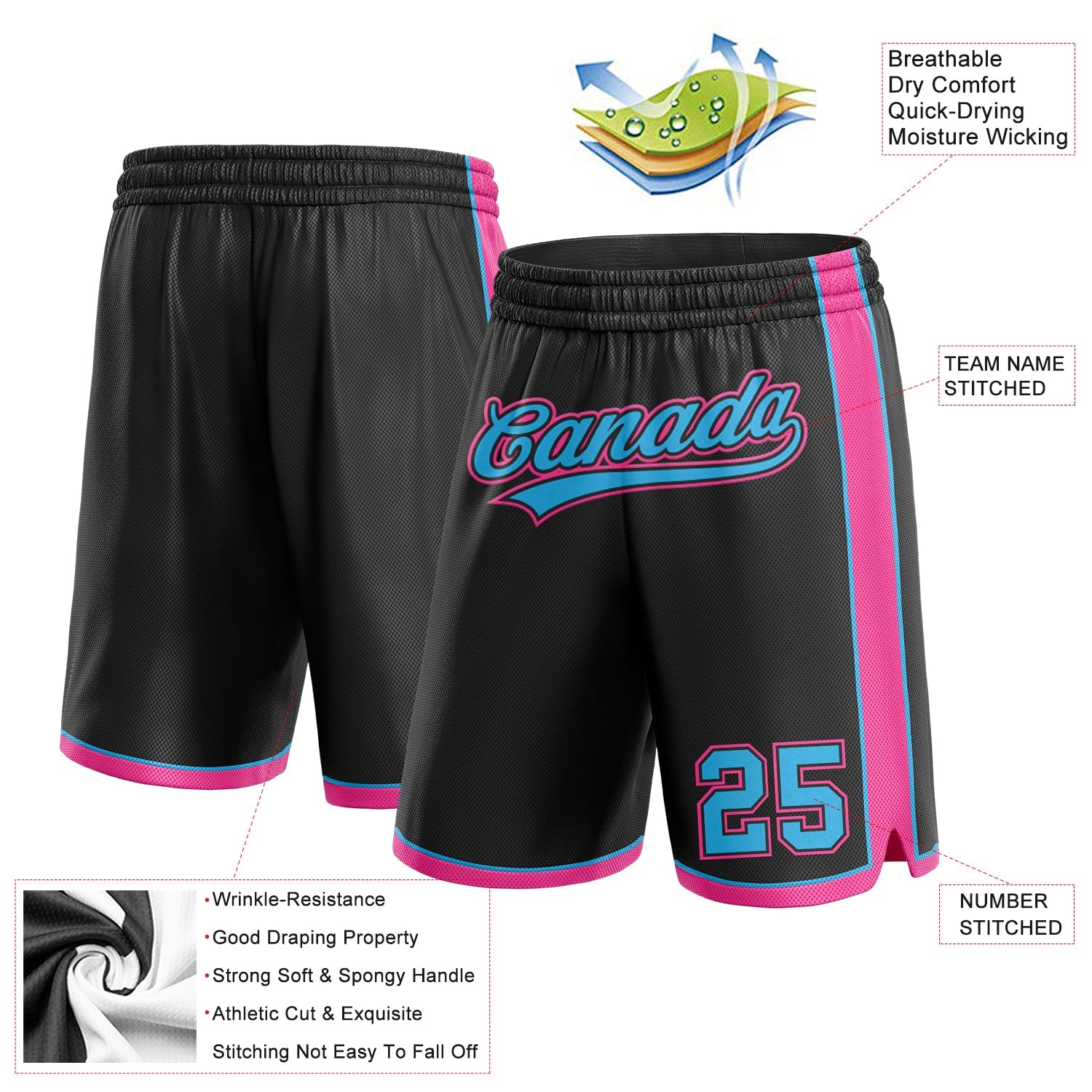 Custom Black Sky Blue-Pink Authentic Basketball Shorts view 2