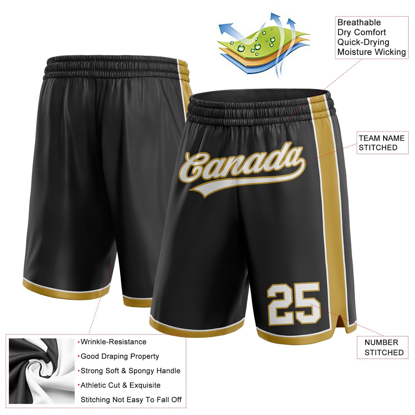 Custom Black White-Old Gold Authentic Basketball Shorts view 2
