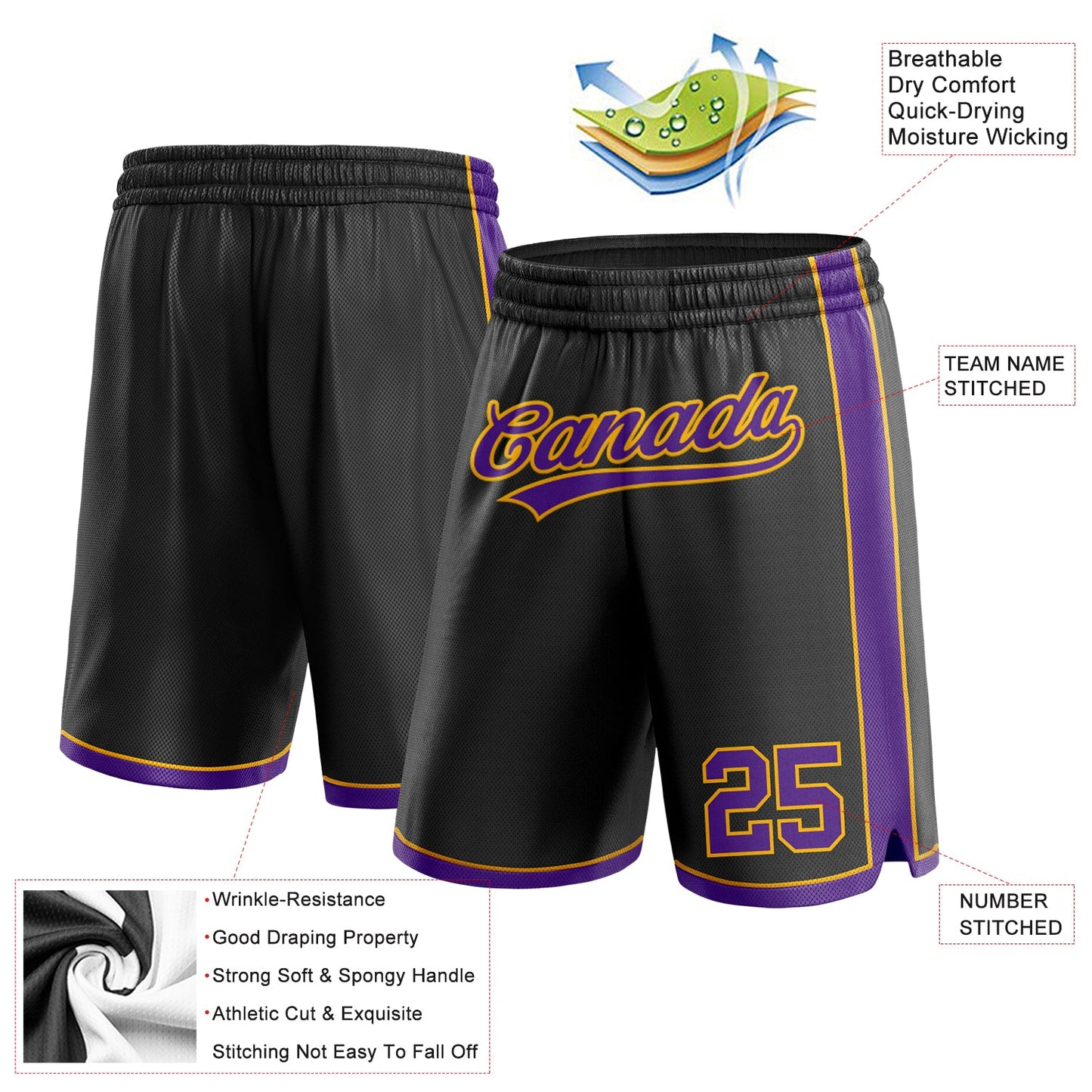 Custom Black Purple-Gold Authentic Basketball Shorts view 2