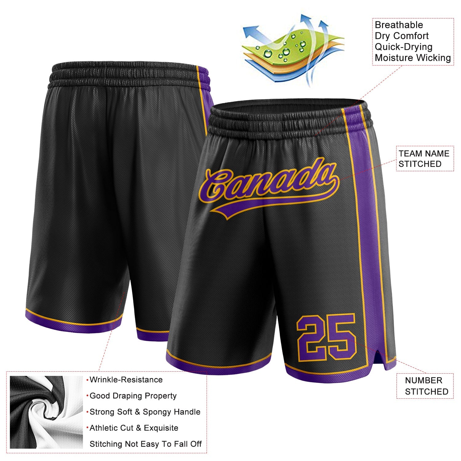 Custom Black Purple-Gold Authentic Basketball Shorts view 2