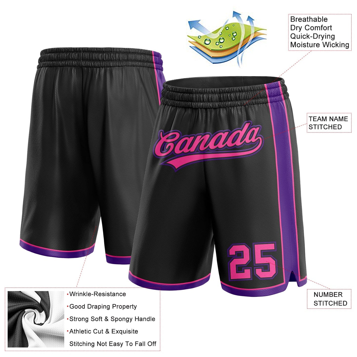Custom Black Pink-Purple Authentic Basketball Shorts view 2